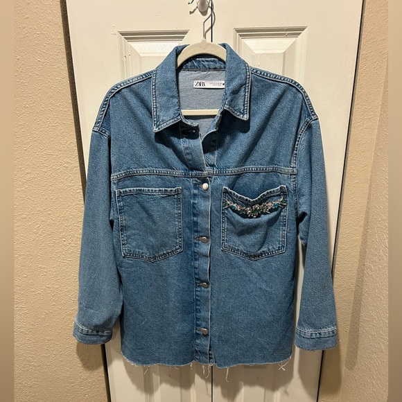 Zara Denim Bejeweled Jacket Blue Pocket , size Small - Picture 2 of 6